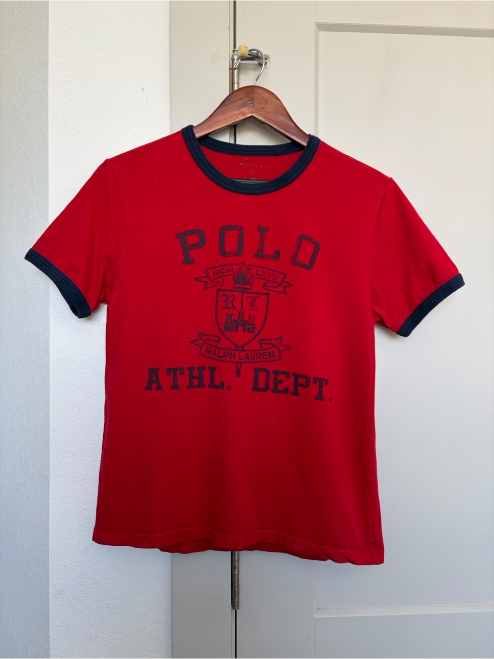 POLO RALPH LAUREN RED BLUE GRAPHIC SHORT SLEEVE RINGER TSHIRT BOYS LARGE